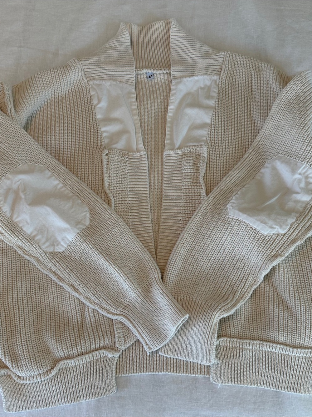 Off-white Open-Front Ribbed Knit Women's Cardigan Sweater with Elbow Patches - Picture 2 of 6